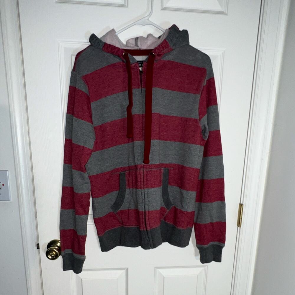 Sunday Work Clothes Men's‎ S Striped Full Zip Hoodie Gray Red Cotton Blend